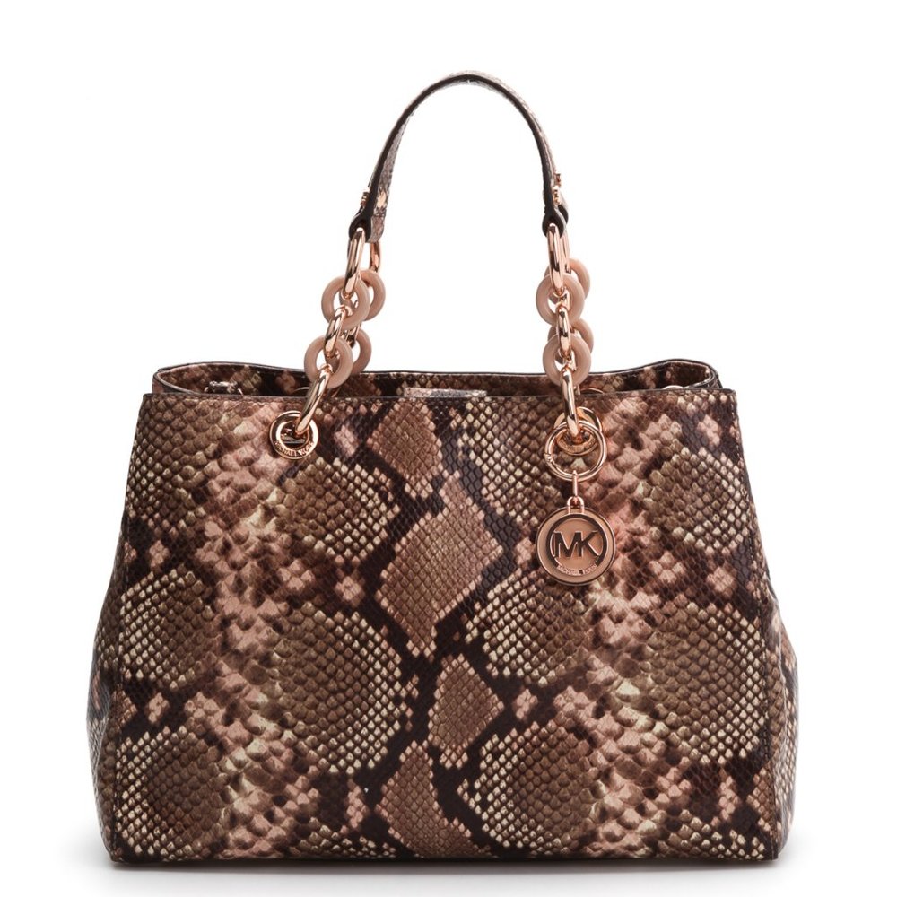 MICHAEL KORS Cynthia Medium Brown Python Embossed Leather Shoulder Bag Purse New